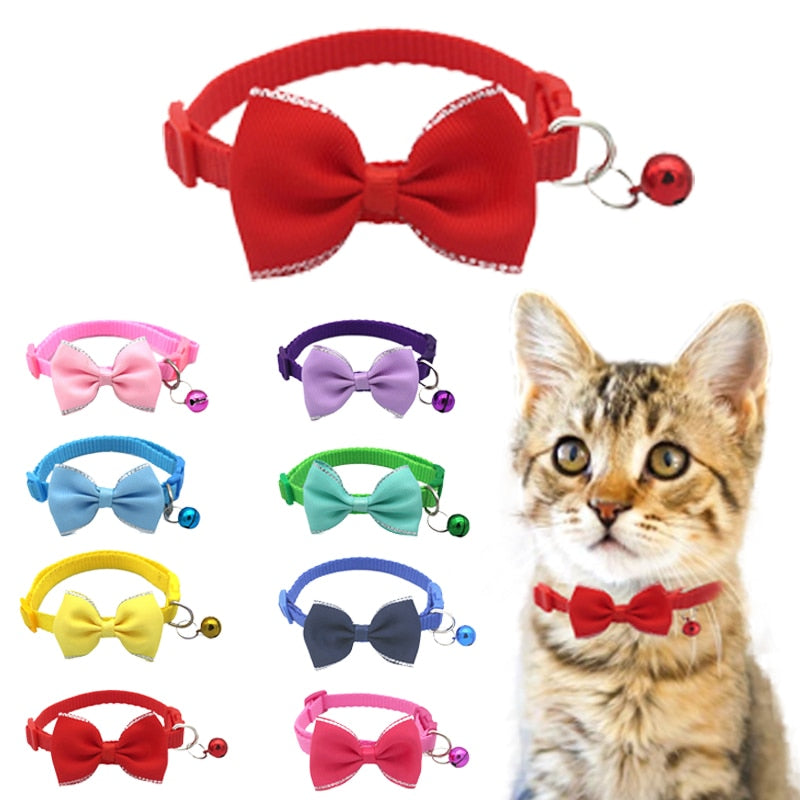 Adjustable Bow and Bell Pet Collar with Stripes